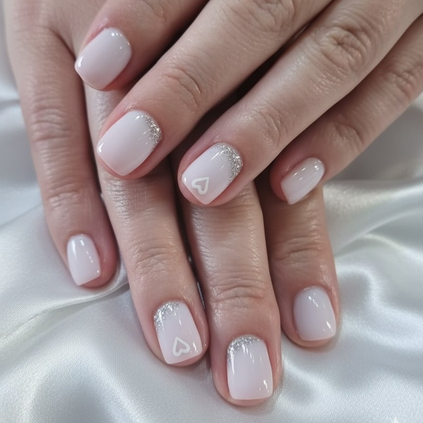 Soft pink gel nails with subtle glitter detail